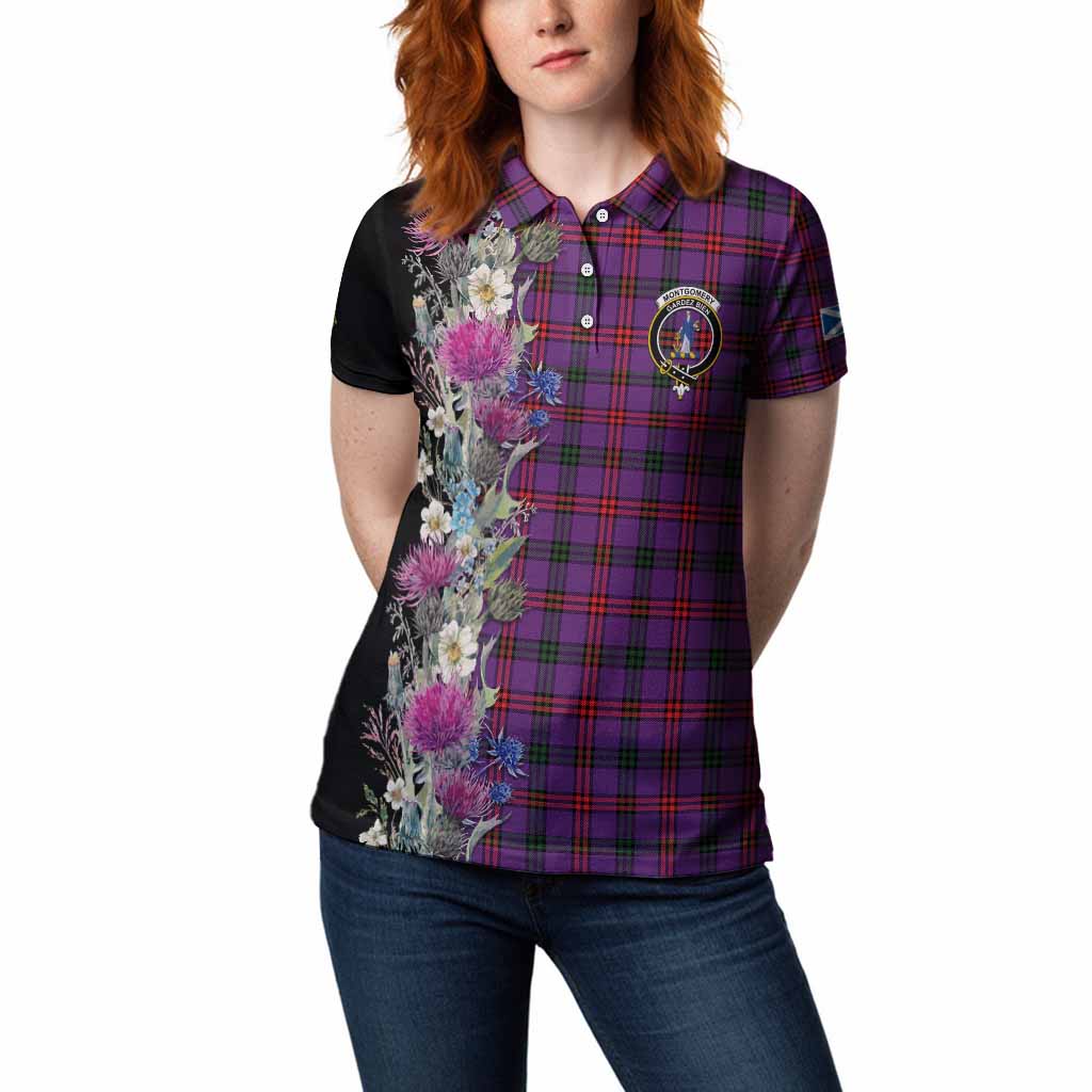 Montgomery Tartan Crest Thistle Floral Women Polo Shirt