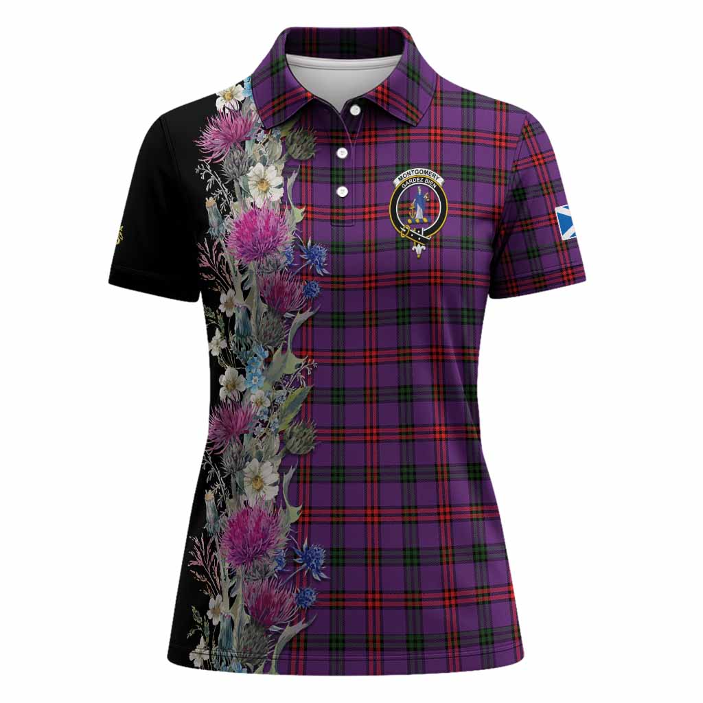 Montgomery Tartan Crest Thistle Floral Women Polo Shirt