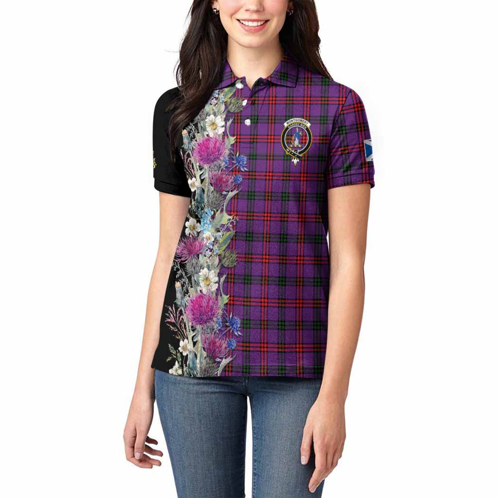 Montgomery Tartan Crest Thistle Floral Women Polo Shirt