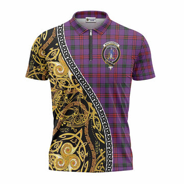 Montgomery Tartan Crest Zipper Polo Shirt Celtic Knot and Triple Trickle Spiral Symbols