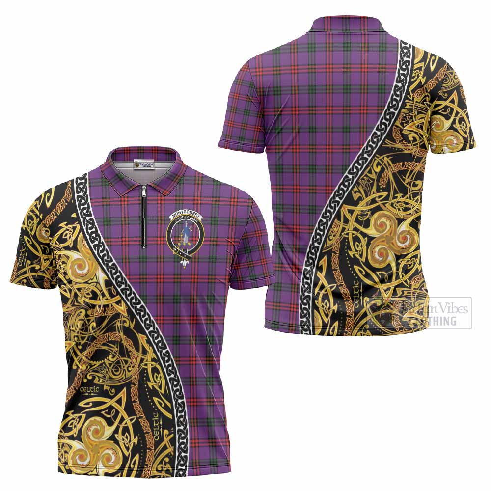 Montgomery Tartan Crest Zipper Polo Shirt Celtic Knot and Triple Trickle Spiral Symbols