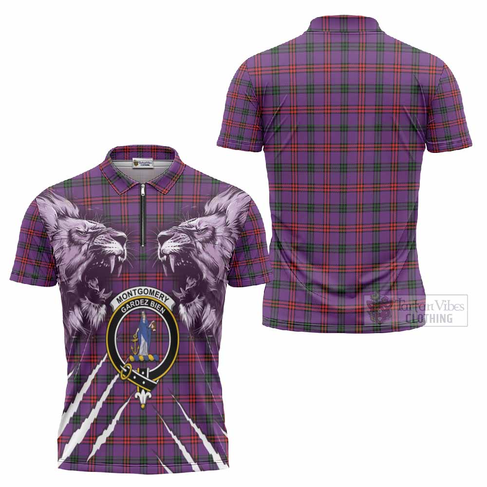 Montgomery Tartan Crest Zipper Polo Shirt Ferocious Lion Style