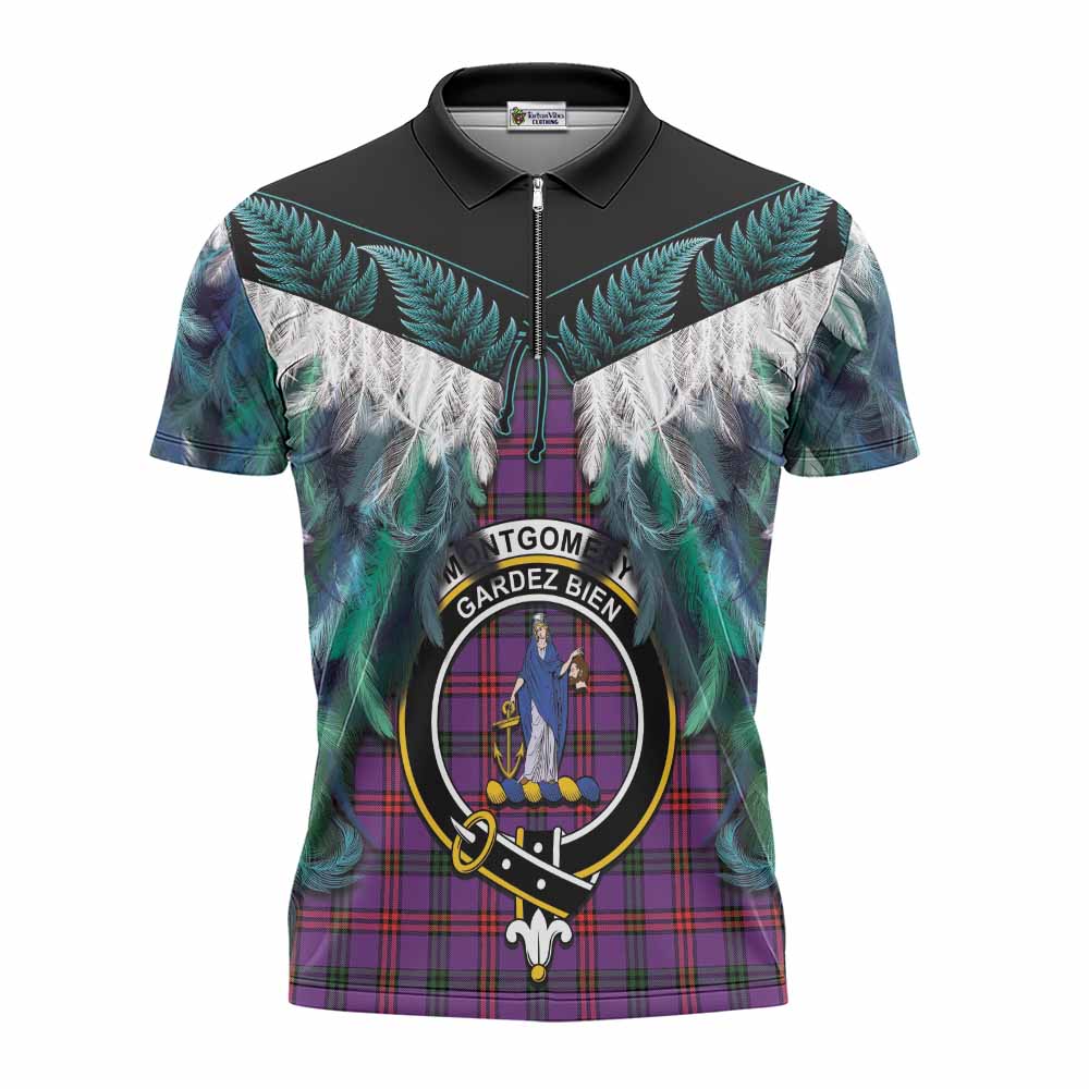 Montgomery Tartan Crest Zipper Polo Shirt New Zealand Maori Korowai Cloak