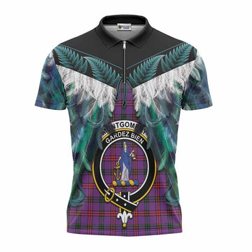 Montgomery Tartan Crest Zipper Polo Shirt New Zealand Maori Korowai Cloak
