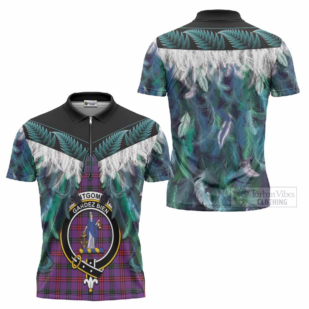 Montgomery Tartan Crest Zipper Polo Shirt New Zealand Maori Korowai Cloak