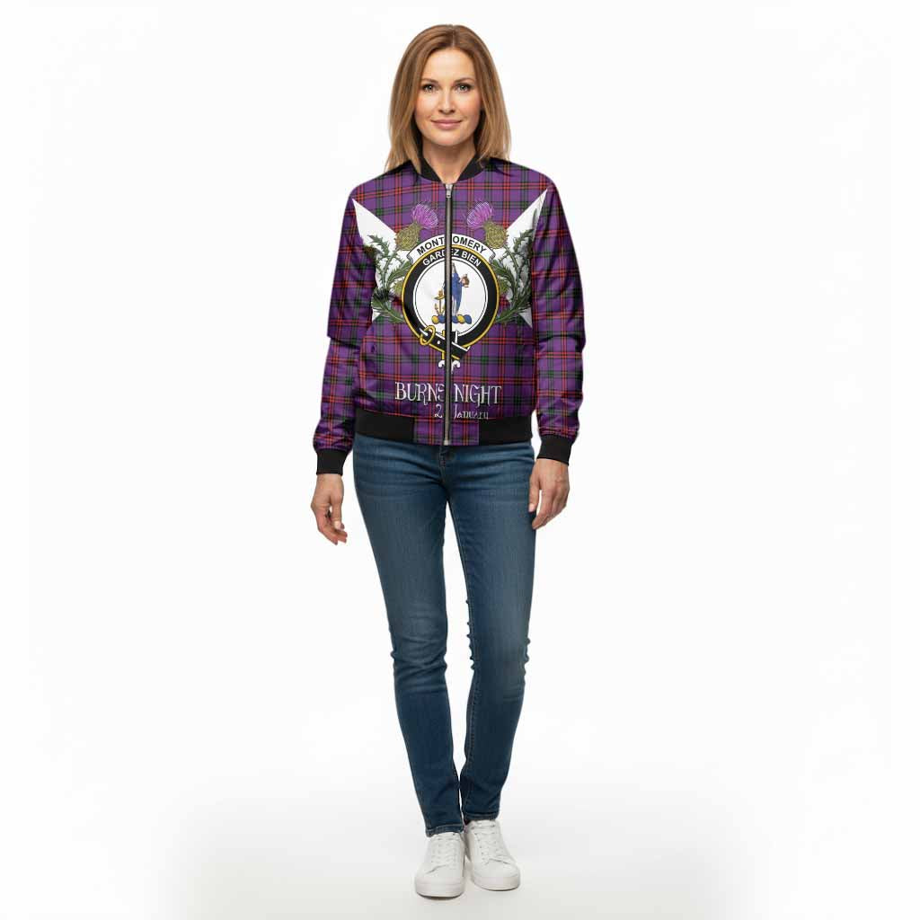 Montgomery Tartan Family Crest Bomber Jacket Scottish Burns Night Thistle Floral