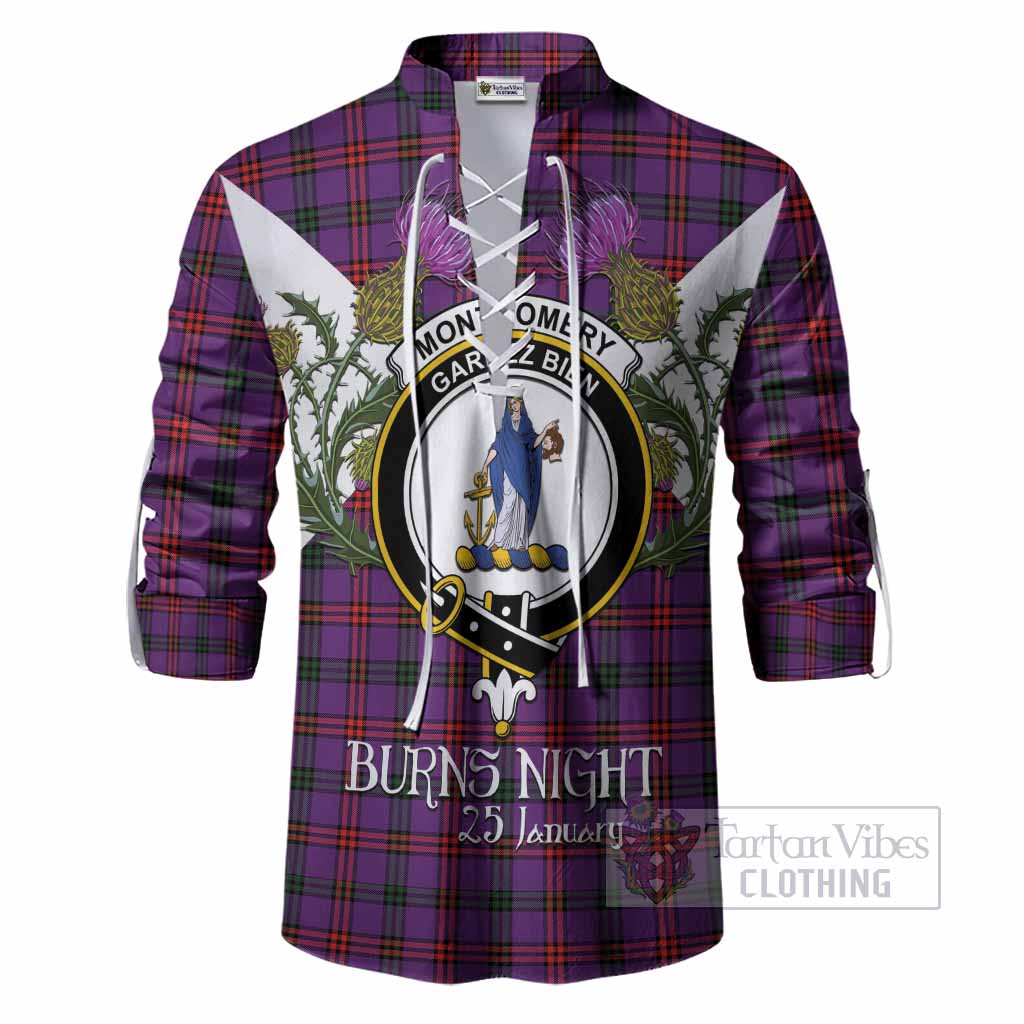 Montgomery Tartan Family Crest Ghillie Shirt Scottish Burns Night Thistle Floral