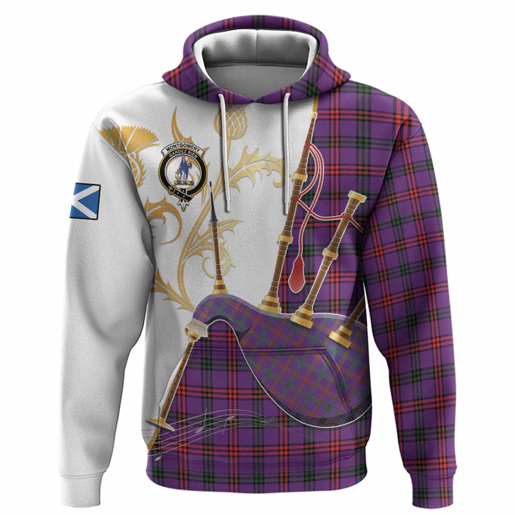 Montgomery Tartan Family Crest Hoodie Bagpipes with Scottish Thistle