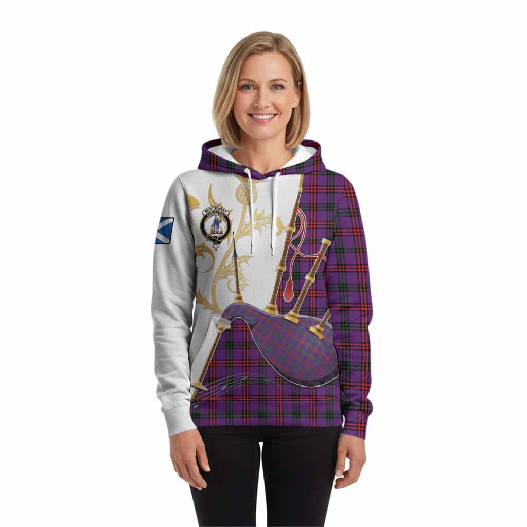 Montgomery Tartan Family Crest Hoodie Bagpipes with Scottish Thistle