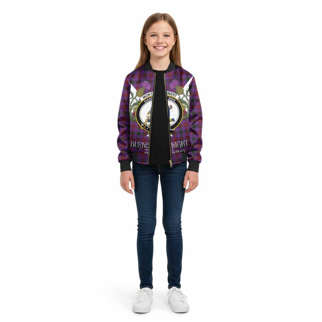 Montgomery Tartan Family Crest Kid Bomber Jacket Scottish Burns Night Thistle Floral