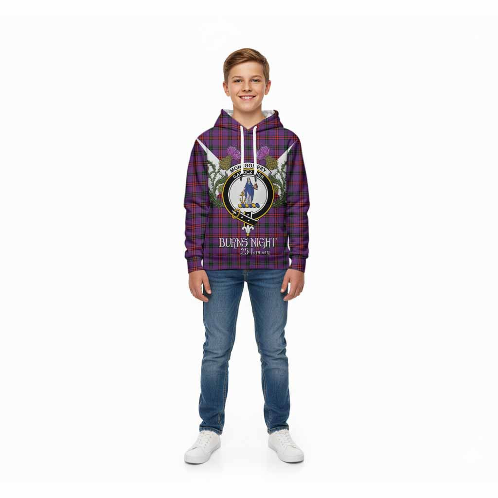 Montgomery Tartan Family Crest Kid Hoodie Scottish Burns Night Thistle Floral