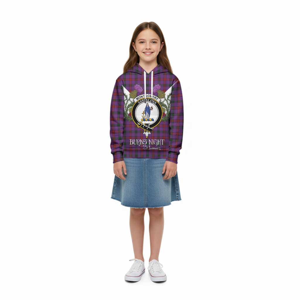 Montgomery Tartan Family Crest Kid Hoodie Scottish Burns Night Thistle Floral