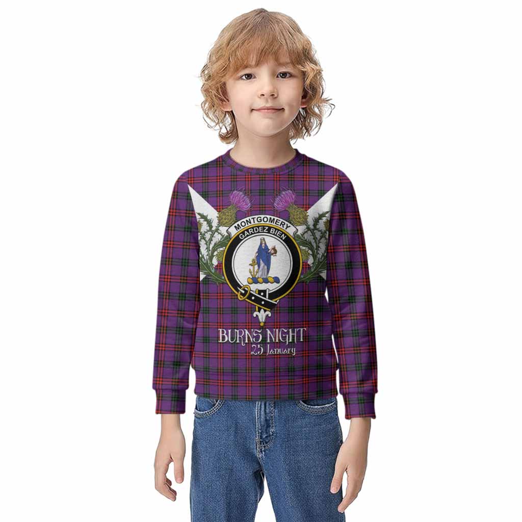 Montgomery Tartan Family Crest Kid Knitted Sweatshirt Scottish Burns Night Thistle Floral