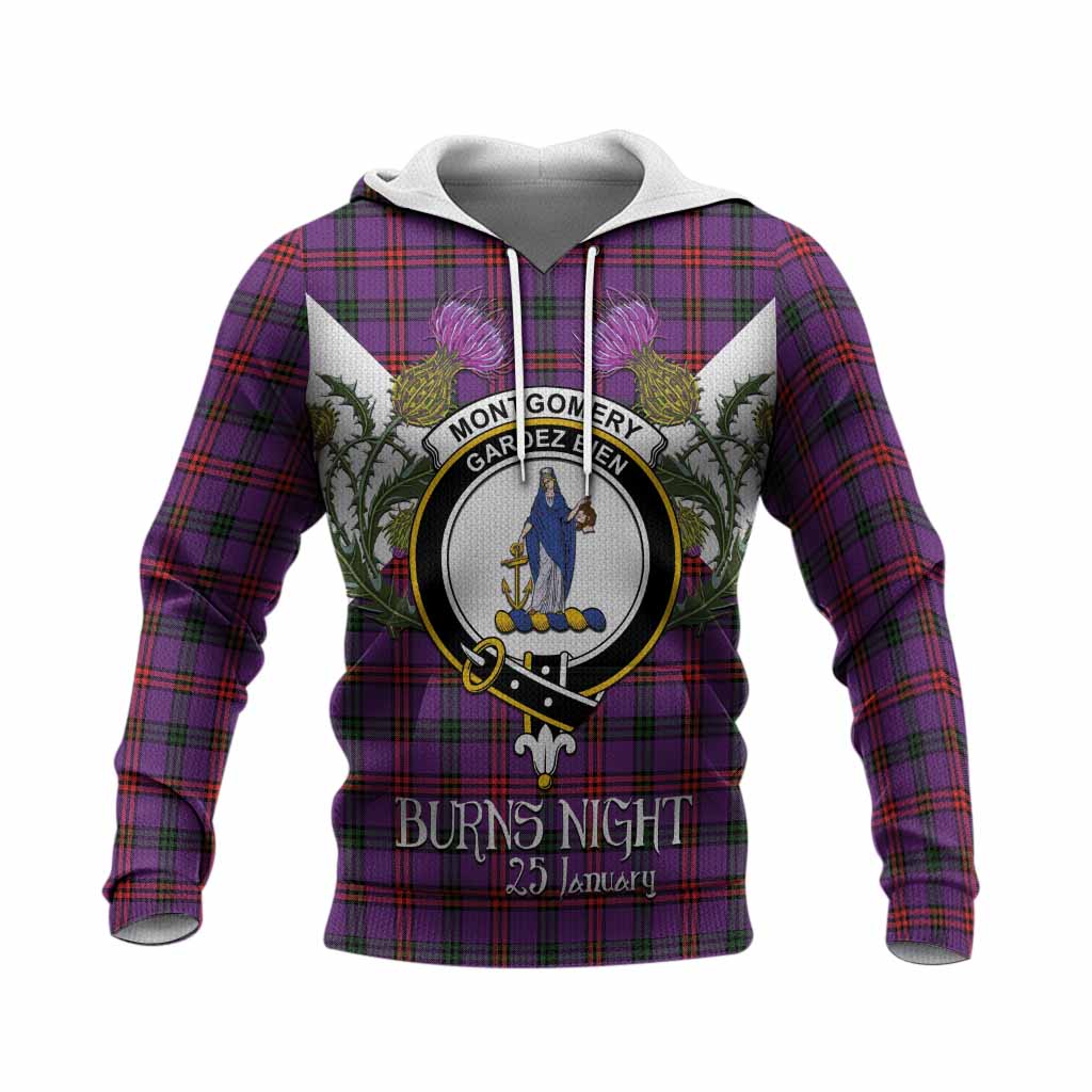 Montgomery Tartan Family Crest Knitted Hoodie Scottish Burns Night Thistle Floral