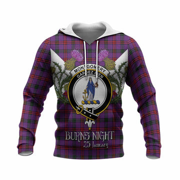 Montgomery Tartan Family Crest Knitted Hoodie Scottish Burns Night Thistle Floral