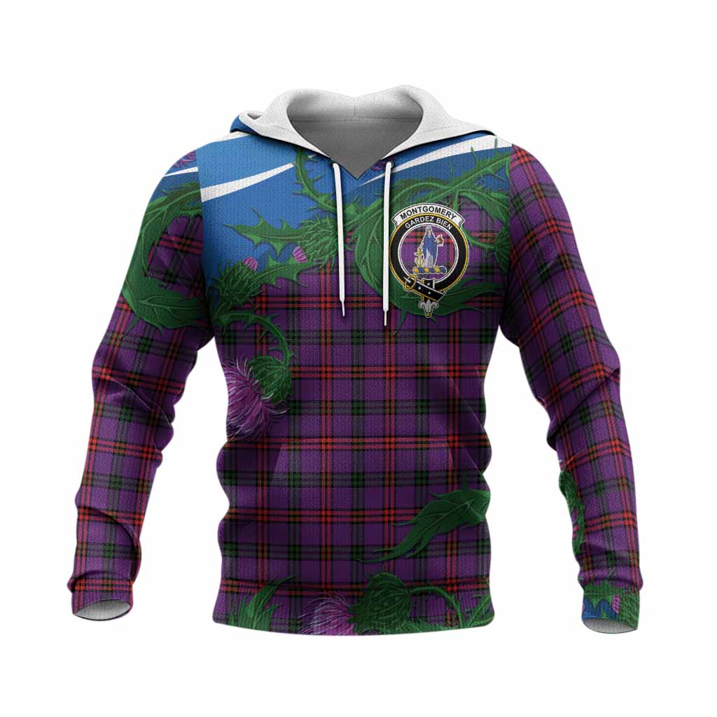 Montgomery Tartan Family Crest Knitted Hoodie Thistle in Minimalism