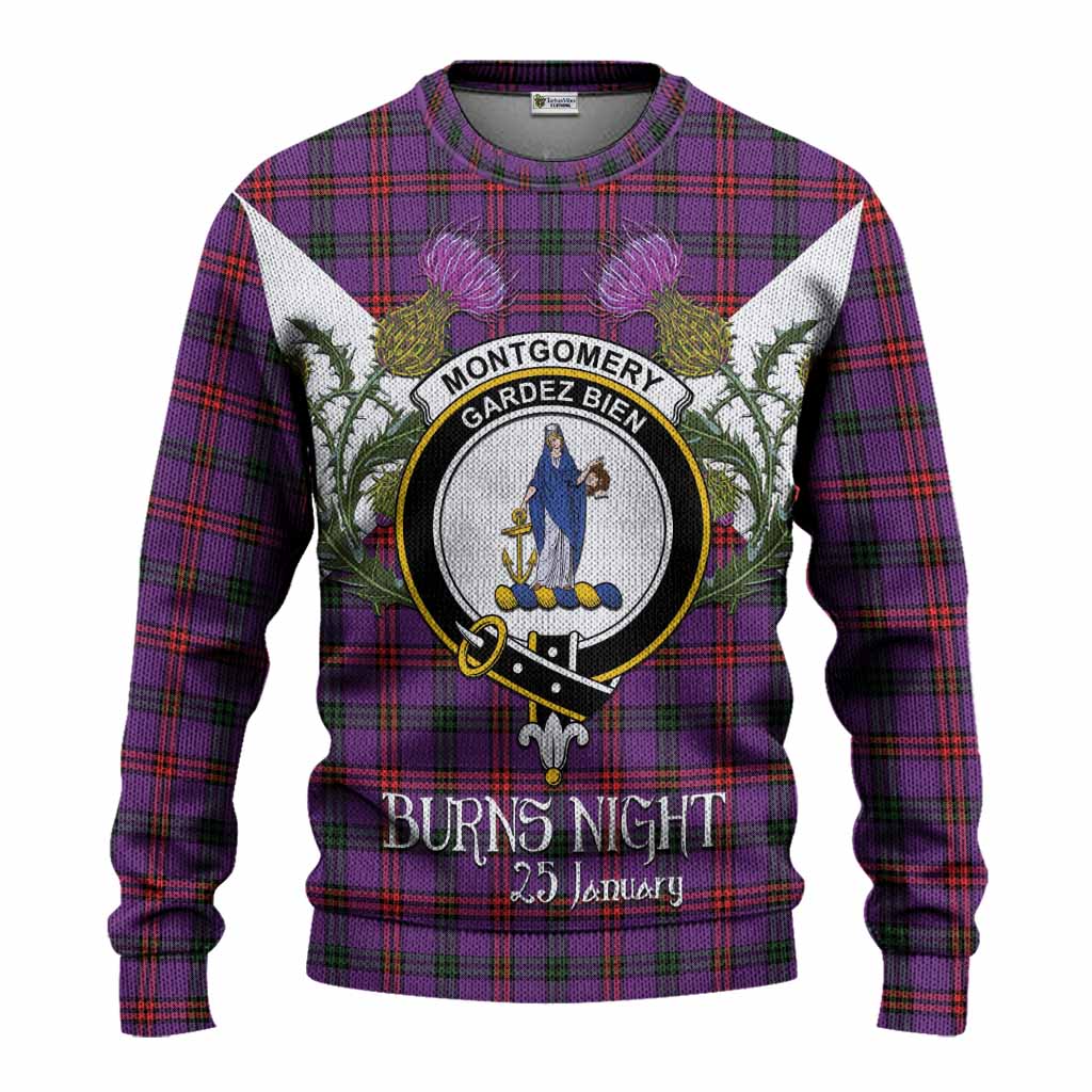 Montgomery Tartan Family Crest Knitted Sweater Scottish Burns Night Thistle Floral