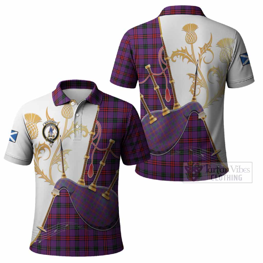 Montgomery Tartan Family Crest Polo Shirt Bagpipes with Scottish Thistle