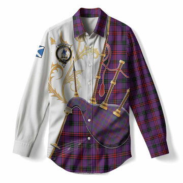 Montgomery Tartan Family Crest Women Casual Shirt Bagpipes with Scottish Thistle