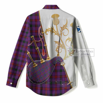 Montgomery Tartan Family Crest Women Casual Shirt Bagpipes with Scottish Thistle