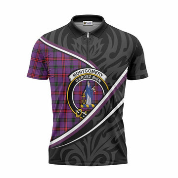 Montgomery Tartan Family Crest Zipper Polo Shirt Celtic Scottish Thistle Floral