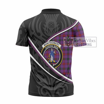 Montgomery Tartan Family Crest Zipper Polo Shirt Celtic Scottish Thistle Floral