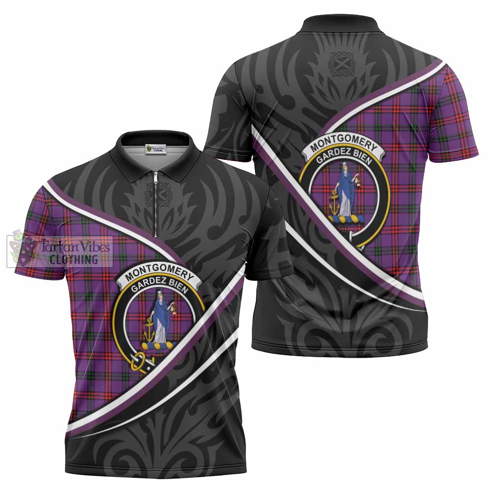 Montgomery Tartan Family Crest Zipper Polo Shirt Celtic Scottish Thistle Floral - Tartan Vibes Clothing