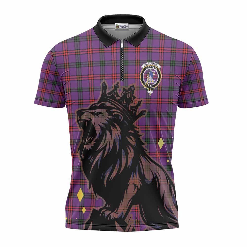 Montgomery Tartan Family Crest Zipper Polo Shirt Crowned Lion Roaring