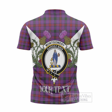 Montgomery Tartan Family Crest Zipper Polo Shirt Scottish Burns Night Thistle Floral