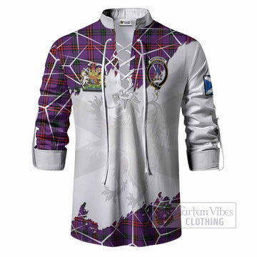 Montgomery Tartan Ghillie Shirt with Family Crest and Lion Rampant Grunge Style