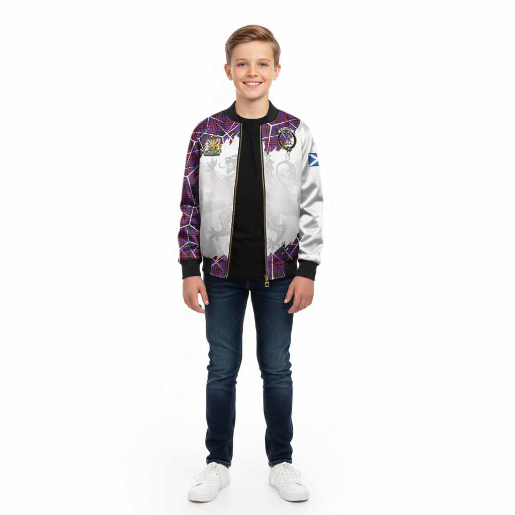 Montgomery Tartan Kid Bomber Jacket with Family Crest and Lion Rampant Grunge Style