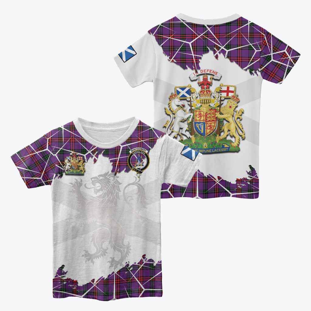 Montgomery Tartan Kid T-shirt with Family Crest and Lion Rampant Grunge Style
