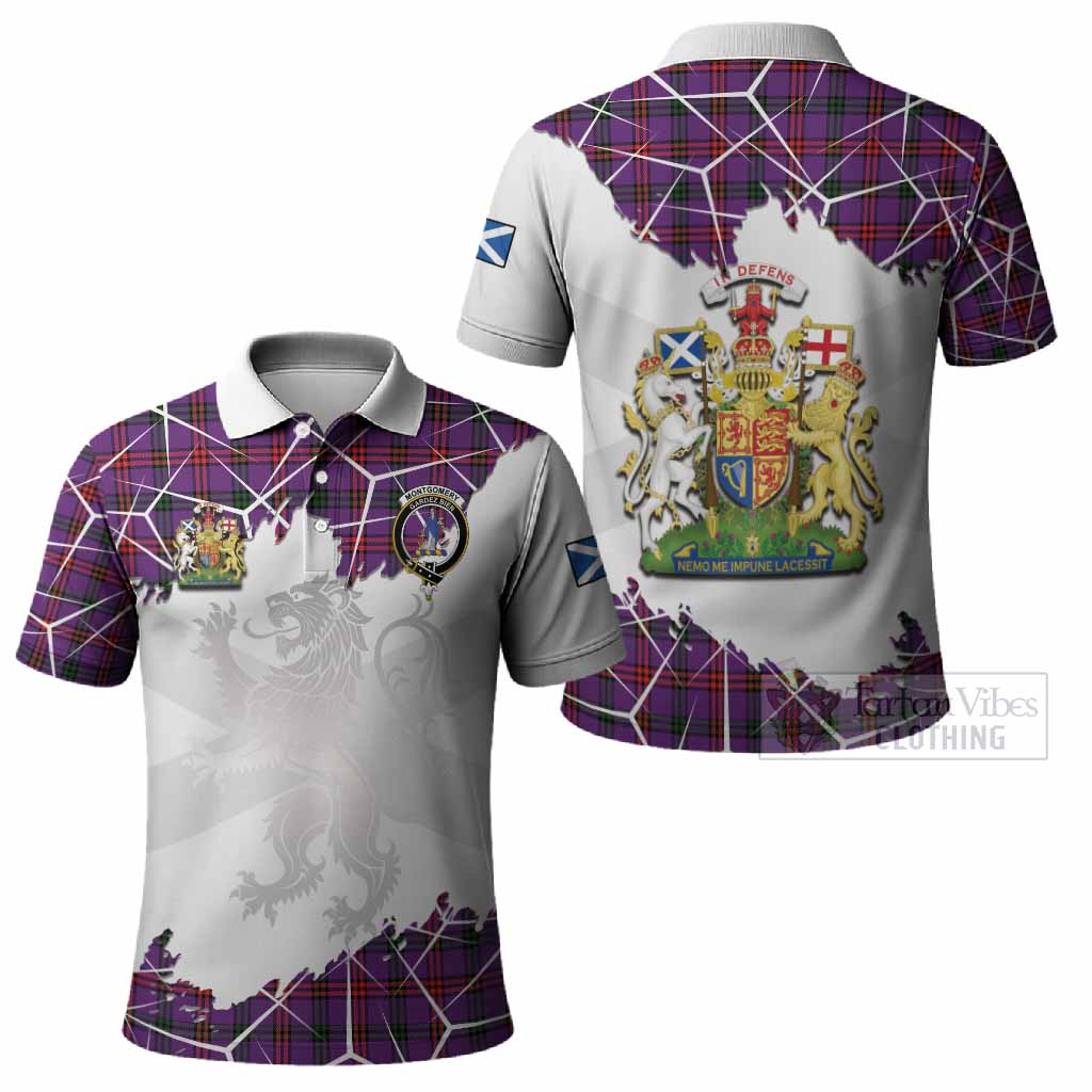 Montgomery Tartan Polo Shirt with Family Crest and Lion Rampant Grunge Style