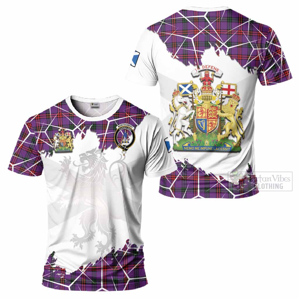 Montgomery Tartan T-Shirt with Family Crest and Lion Rampant Grunge Style