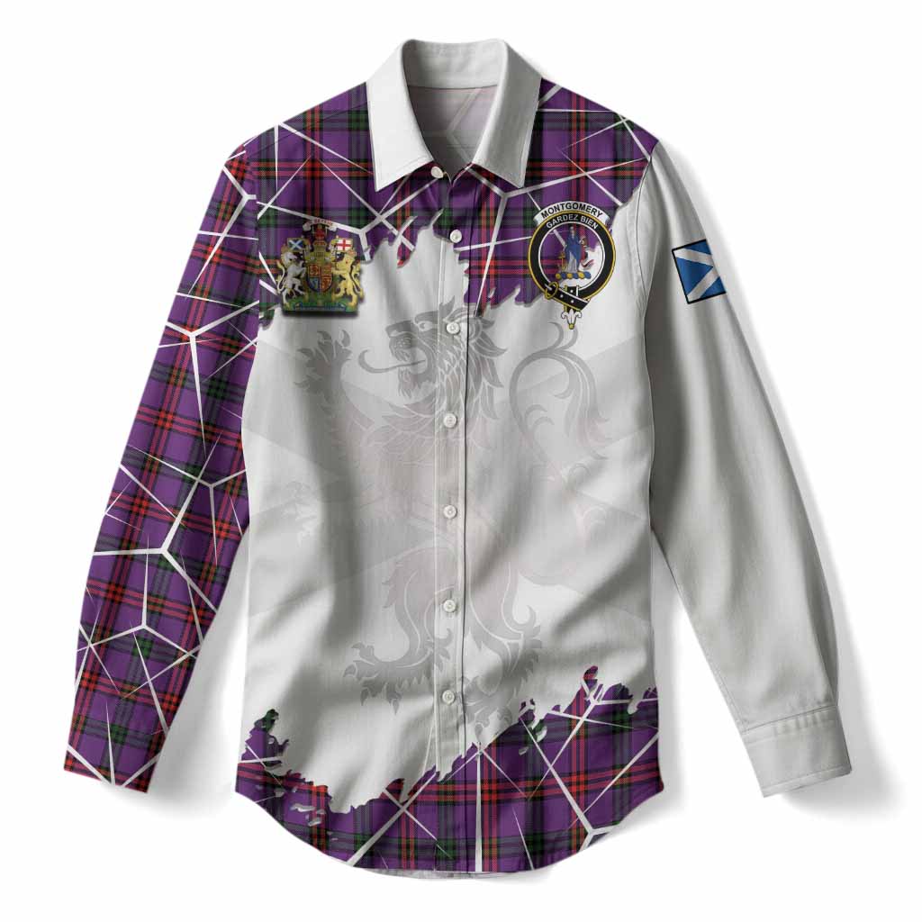 Montgomery Tartan Women Casual Shirt with Family Crest and Lion Rampant Grunge Style