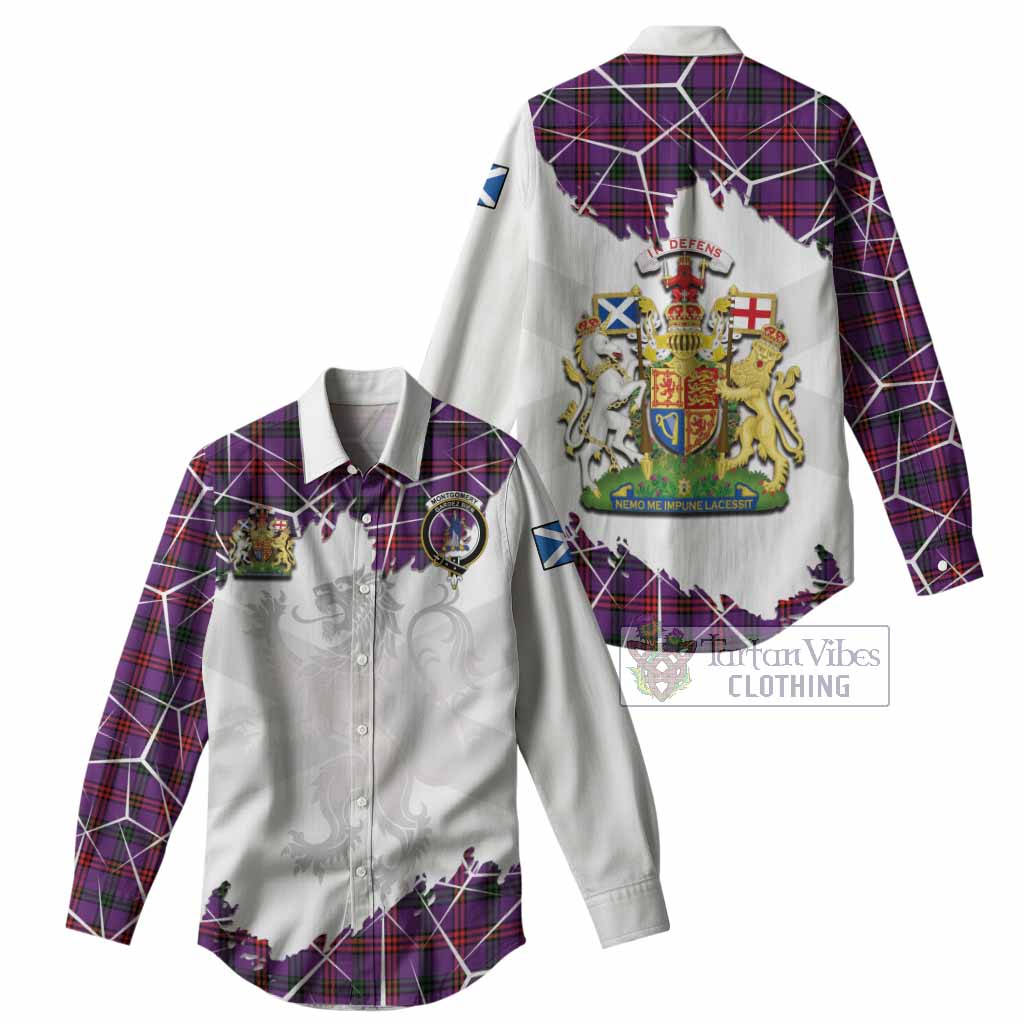 Montgomery Tartan Women Casual Shirt with Family Crest and Lion Rampant Grunge Style