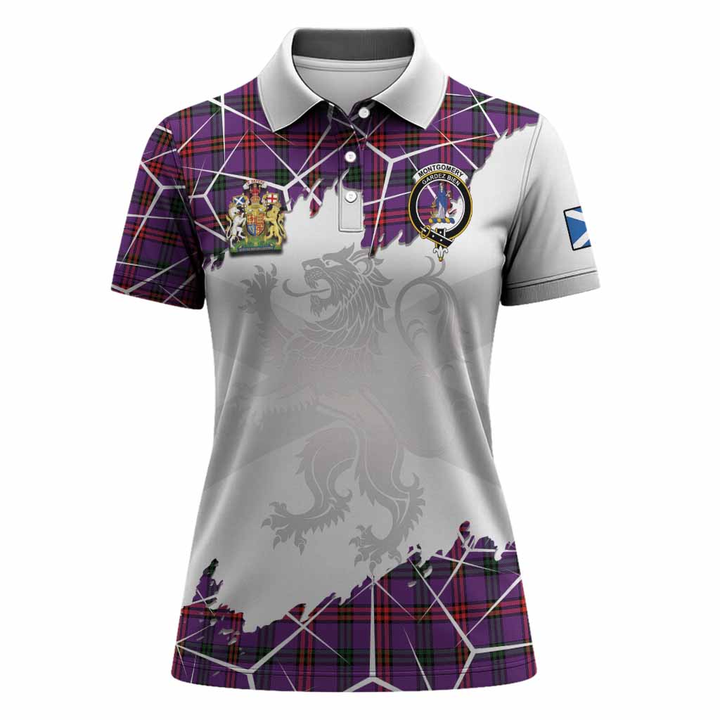 Montgomery Tartan Women Polo Shirt with Family Crest and Lion Rampant Grunge Style