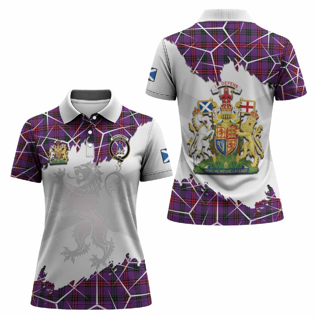 Montgomery Tartan Women Polo Shirt with Family Crest and Lion Rampant Grunge Style