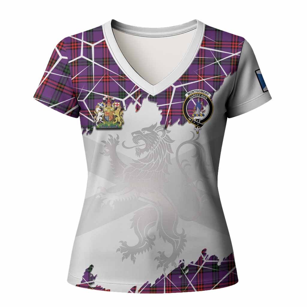 Montgomery Tartan Women T shirt with Family Crest and Lion Rampant Grunge Style