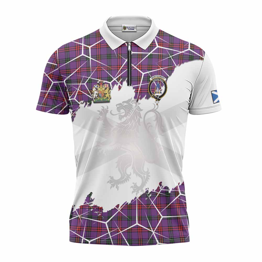Montgomery Tartan Zipper Polo Shirt with Family Crest and Lion Rampant Grunge Style