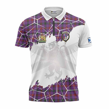 Montgomery Tartan Zipper Polo Shirt with Family Crest and Lion Rampant Grunge Style