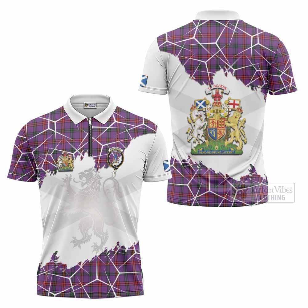 Montgomery Tartan Zipper Polo Shirt with Family Crest and Lion Rampant Grunge Style