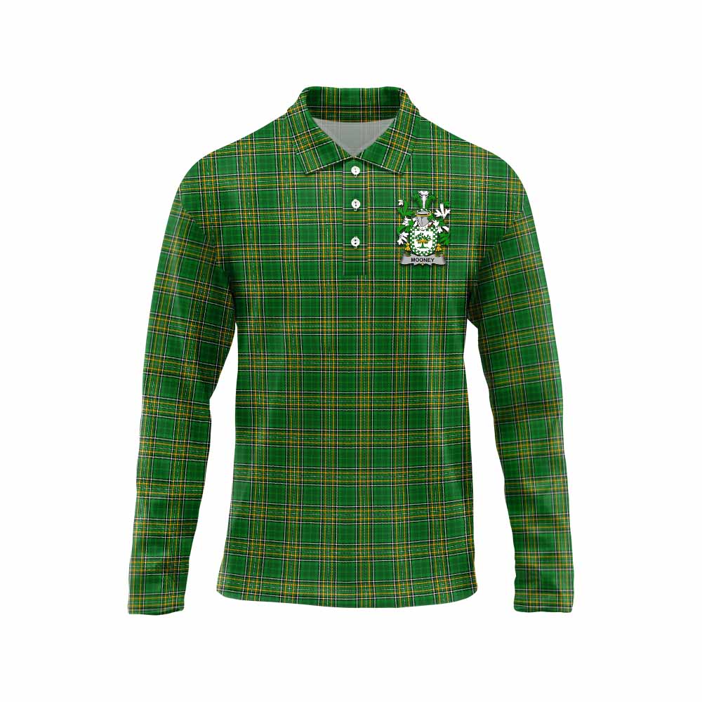 Tartan Vibes Clothing Mooney Irish Clan Tartan Long Sleeve Polo Shirt with Coat of Arms