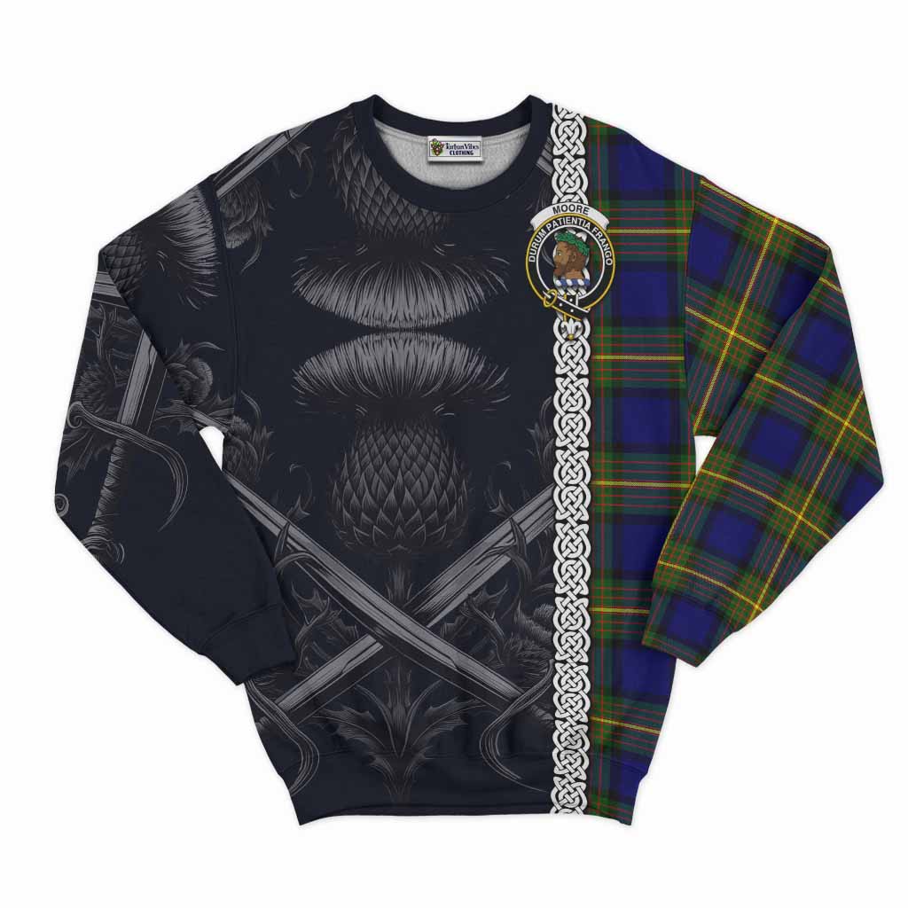 Moore Tartan Sweatshirt with Family Crest Cross Sword Thistle Celtic Vibes Unisex - Tartan Vibes Clothing