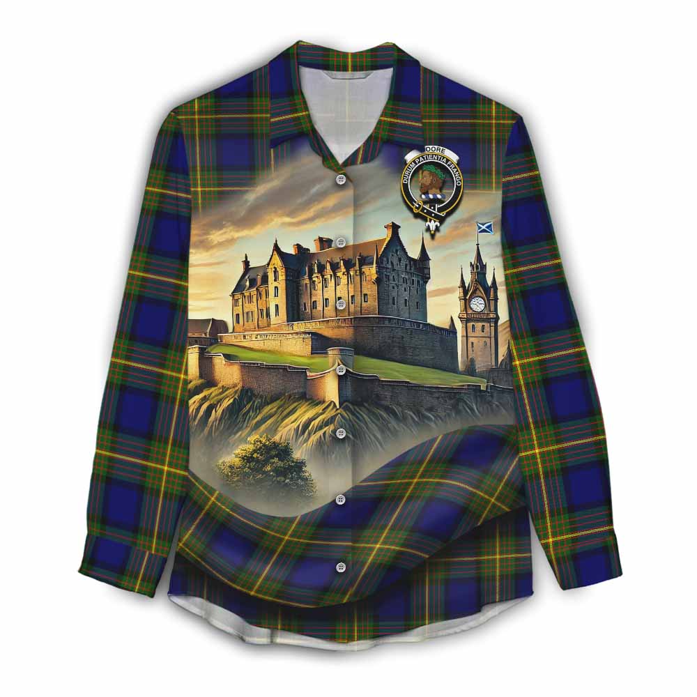 Moore Tartan Family Crest Women's Casual Shirt with Scottish Ancient Castle Style Female - Tartan Vibes Clothing
