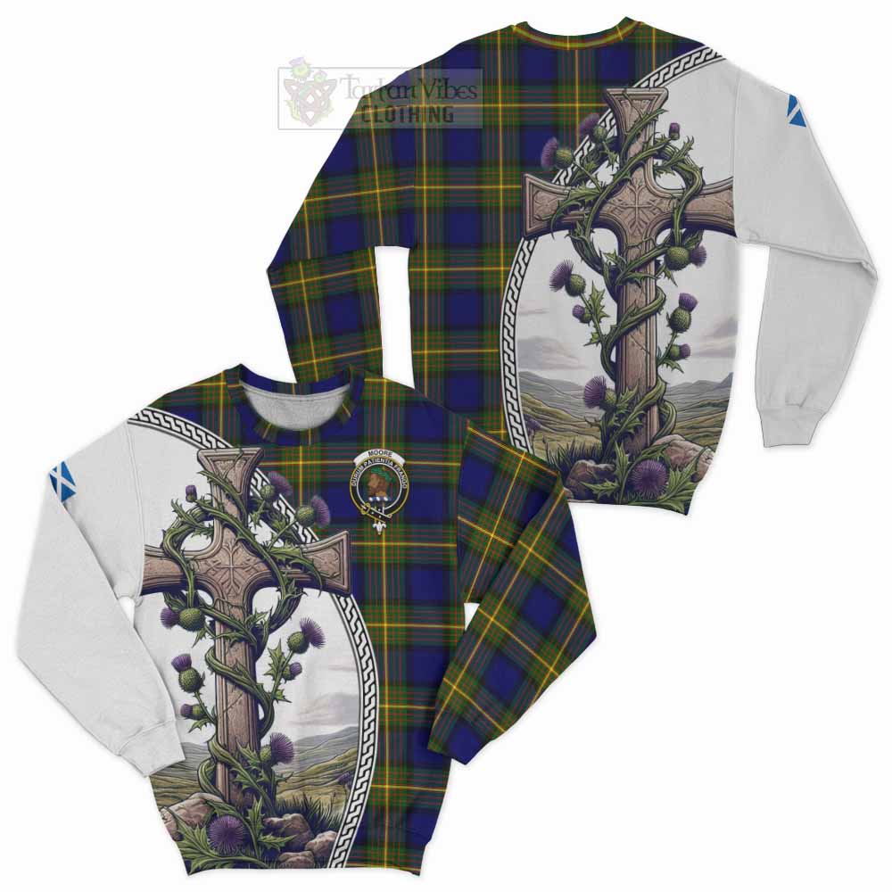 Moore Tartan Sweatshirt with Family Crest and St. Andrew's Cross Accented by Thistle Vines Unisex - Tartan Vibes Clothing