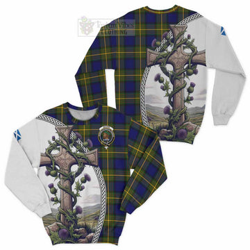 Moore Tartan Sweatshirt with Family Crest and St. Andrew's Cross Accented by Thistle Vines Unisex - Tartan Vibes Clothing