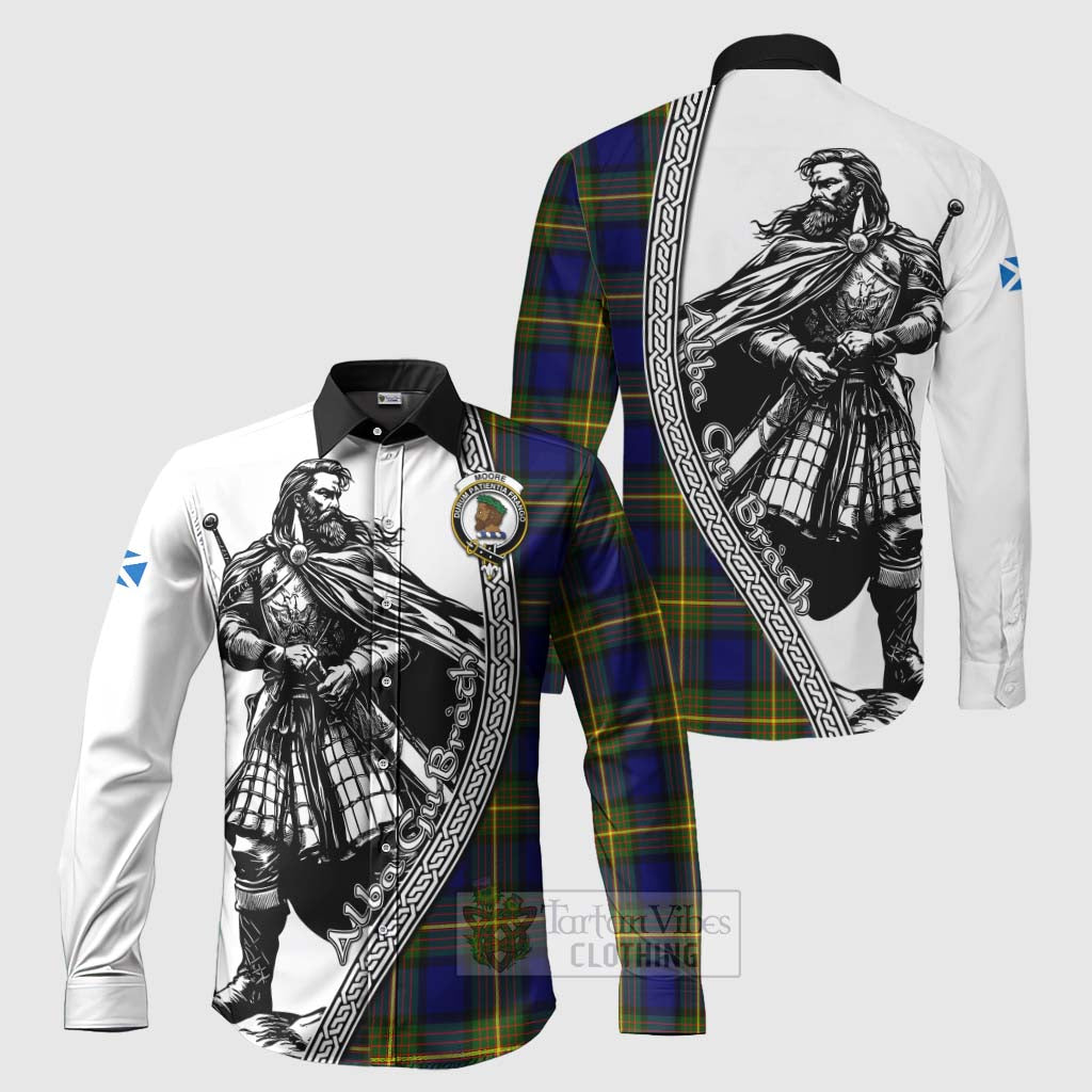 Moore Tartan Clan Crest Long Sleeve Button Shirt with Highlander Warrior Celtic Style Men's Shirt S - Tartan Vibes Clothing