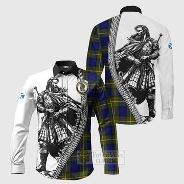 Moore Tartan Clan Crest Long Sleeve Button Shirt with Highlander Warrior Celtic Style Men's Shirt S - Tartan Vibes Clothing