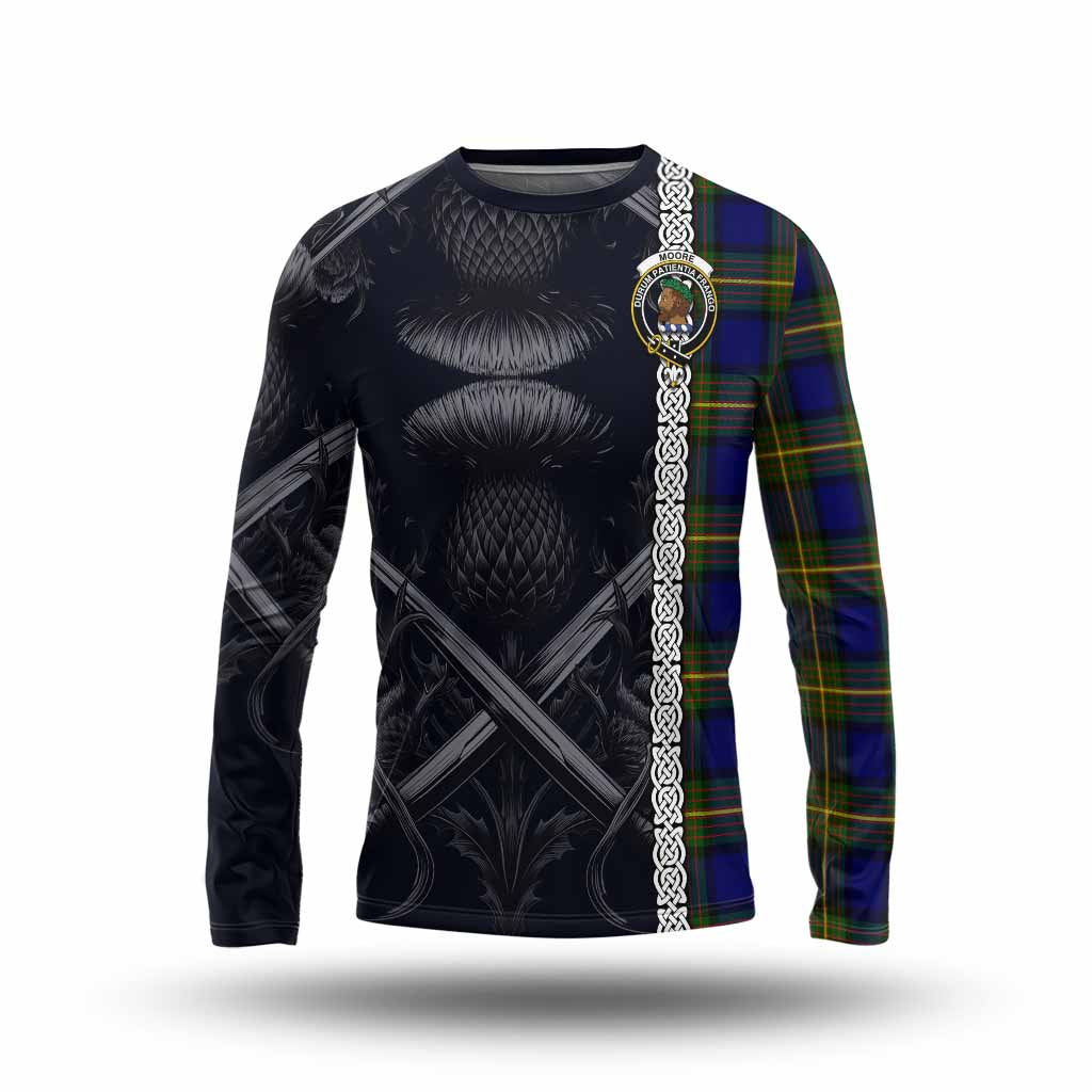 Moore Tartan Long Sleeve T-Shirt with Family Crest Cross Sword Thistle Celtic Vibes Unisex - Tartan Vibes Clothing
